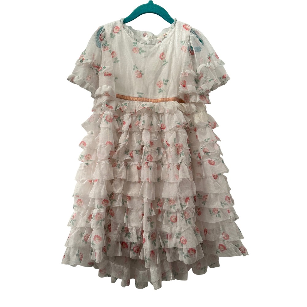 Mini Boden Girls White Pink Floral Rose Tiered Tulle Ruffle Party Dress 4-5Y